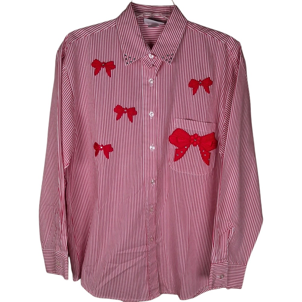 Vintage Donna Women's Medium Top Red Striped‎ Shirt Bows Studs Teacher Made USA